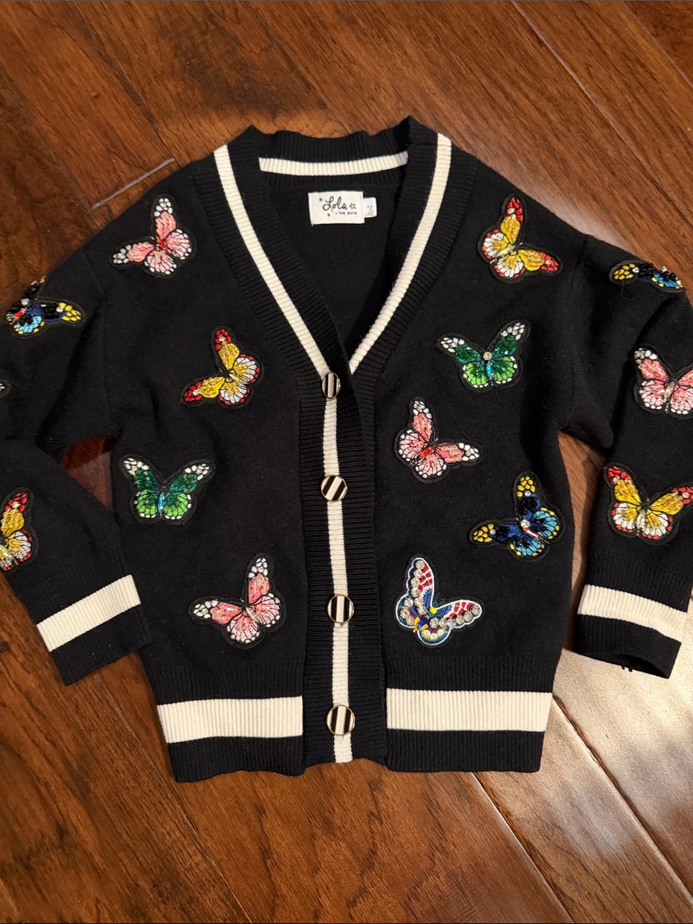 Lola + The Boys Black Cardigan with Multicolor Butterfly Patches